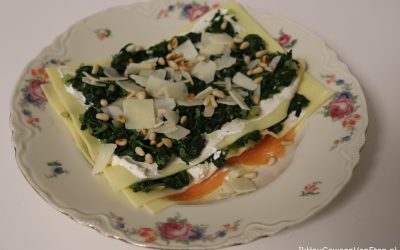 Open lasagne met spinazie en gerookte zalm